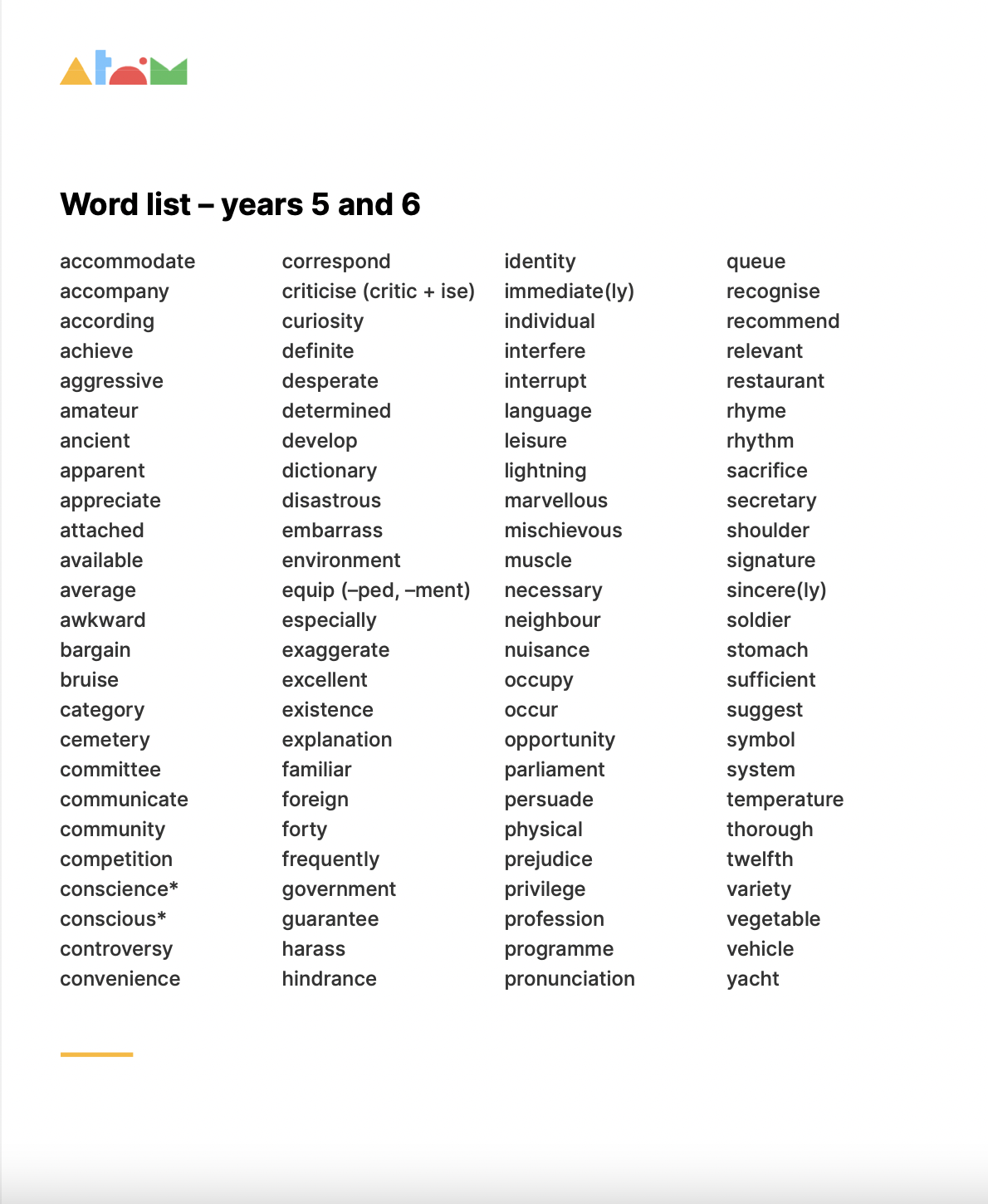 KS2 Statutory Spelling List