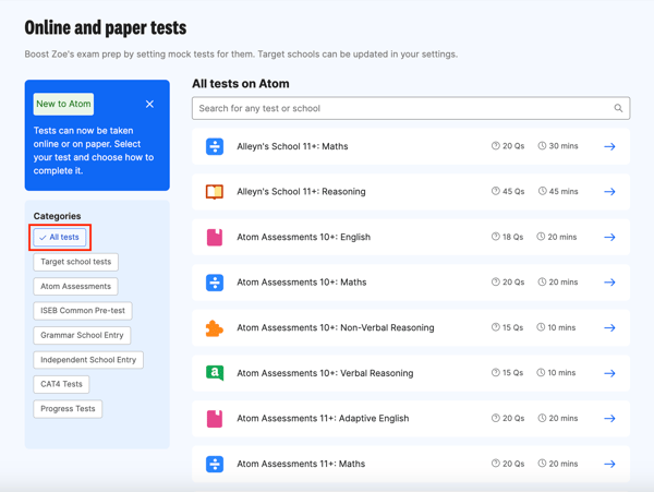 Categories on the Test page