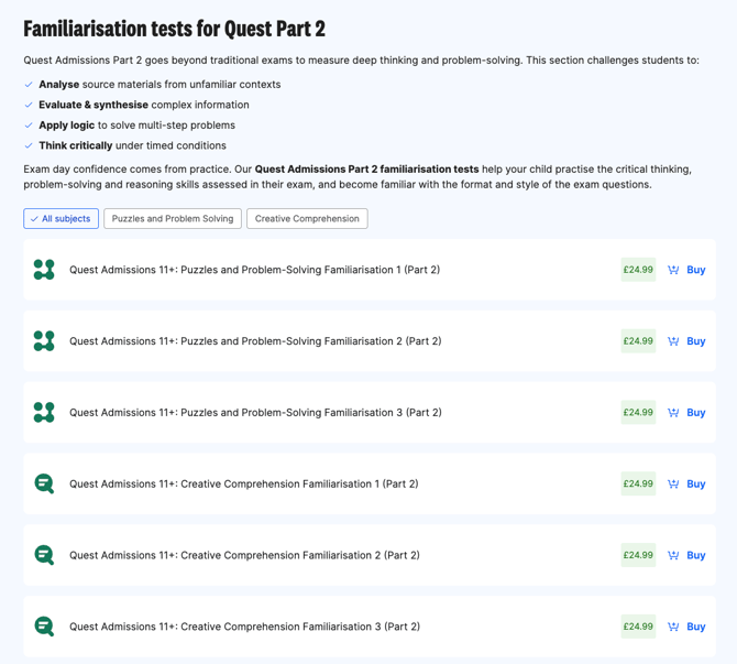 Familiarisation tests for Quest Admissions Part 2
